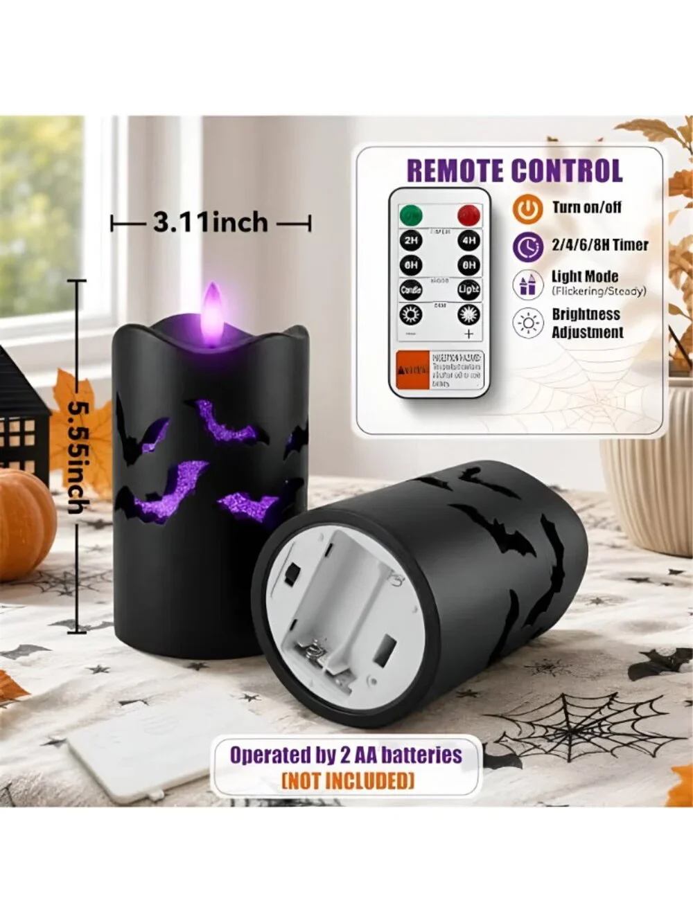 Halloween Flameless Pillar Candles with Bat Cutouts, Remote Control, 2-Pack